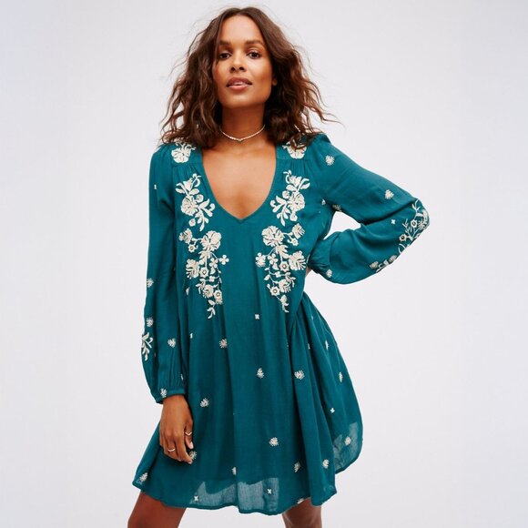Free People | Sweet Tennessee Babydoll Long Sleeve Embroidered Dress in Teal | S - Picture 1 of 15